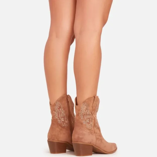 Clearance Andrea Embroidered Detail Pointed Toe Western Cowboy Ankle Boot In Camel Faux Suede BOY Ankle Boots | Calf Boots