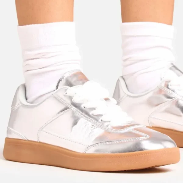 Shop Anja Lace Up Ribbon Detail Flat Trainer In Faux Leather Sneakers | Sneakers