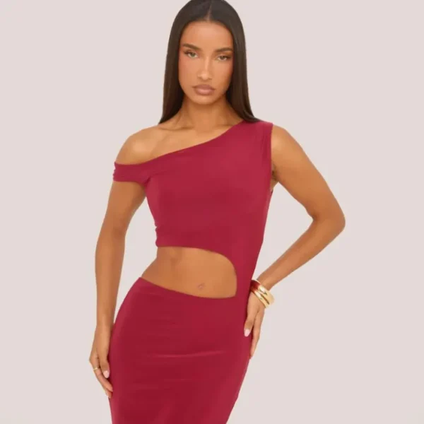 Hot Asymmetric Cut Out Maxi Dress In Burgundy Slinky Winter Going Out | Maxi Dresses