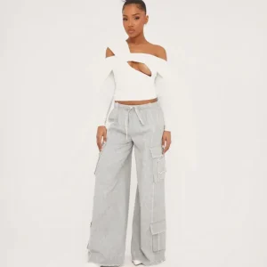 Sale Asymmetric Fold Over Bardot Slash Front Top In White Slinky Long Sleeve Tops
