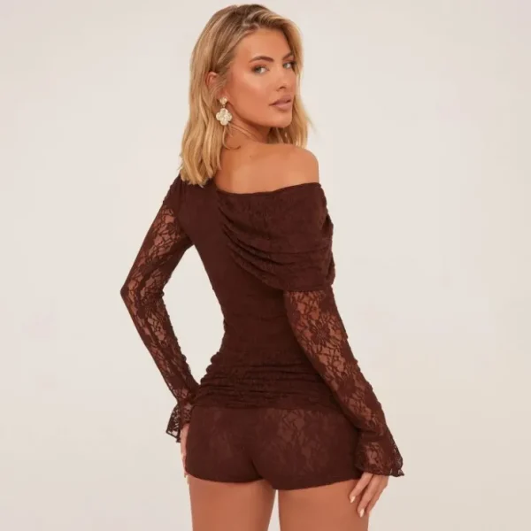 Cheap Asymmetric Off The Shoulder Frilly Top In Brown Lace Shorts Sets