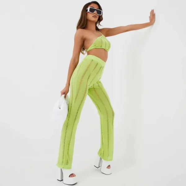 Cheap Asymmetric One Shoulder Crop Top In Lime Green Ladder Knit Crop Tops
