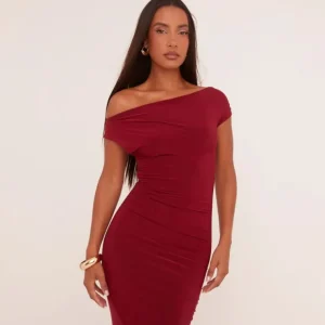 Store Asymmetric One Shoulder Ruched Detail Maxi Dress In Wine Slinky Dresses | Basics