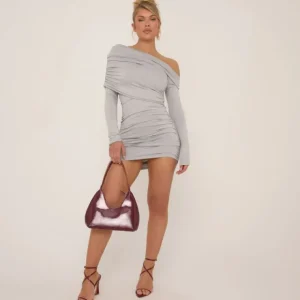 Sale Asymmetric Ruched Fold Over Long Sleeve Mini Dress In Grey Dresses | Winter Dresses