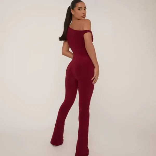 Hot Asymmetric Shoulder Fla Jumpsuit In Burgundy Slinky Jumpsuits & Playsuits