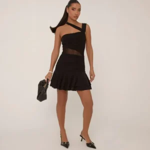 Clearance Asymmetric Strap Mesh Panel Frilled Hem Mini Dress In Black Dresses | Mini Dresses