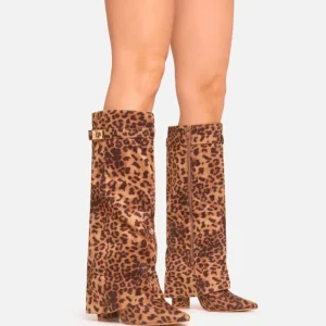 Best Sale Ava Lock Detail Pointed Toe Knee High Block Heel Boot In Leopard Print Faux Suede Winter Boots | Chunky Boots
