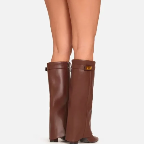 Fashion Ava Lock Detail Pointed Toe Knee High Block Heel Boot In Faux Leather Winter Boots | Biker Boots