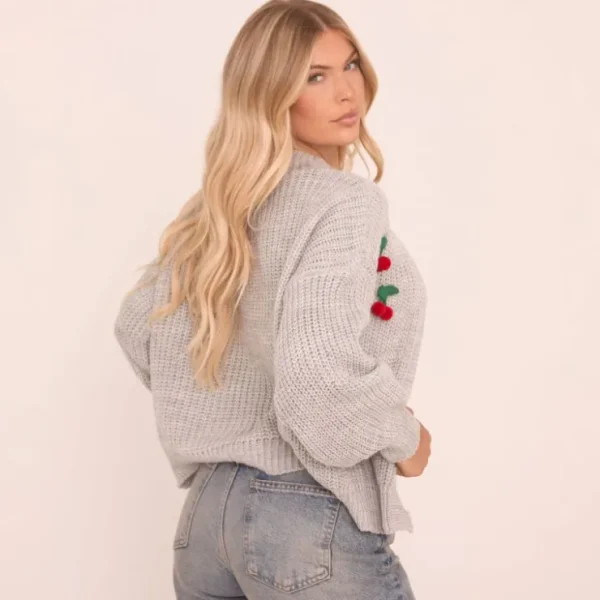 Clearance Balloon Sleeve 3D Cherry Print Cardigan In Grey Knit Coats & Jackets | Knitted Cardigans