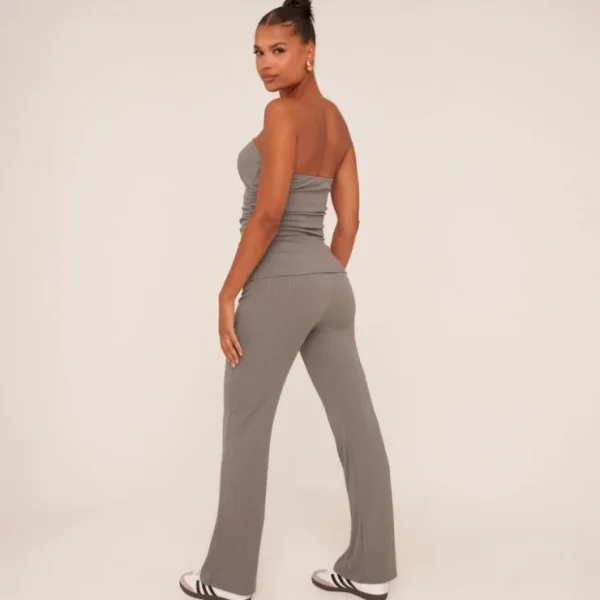 Shop Bandeau Asymmetric Top And High Waist Straight Leg Trousers Co-Ord Set In Texture Winter Matching Sets