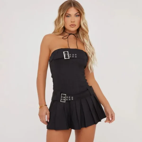 Cheap Bandeau Buckle Detail Pleated Mini Dress In Woven Dresses | Mini Dresses