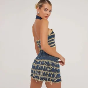 Fashion Bandeau Contrast Frayed Detail Crop Top In Dark Blue Denim Denim