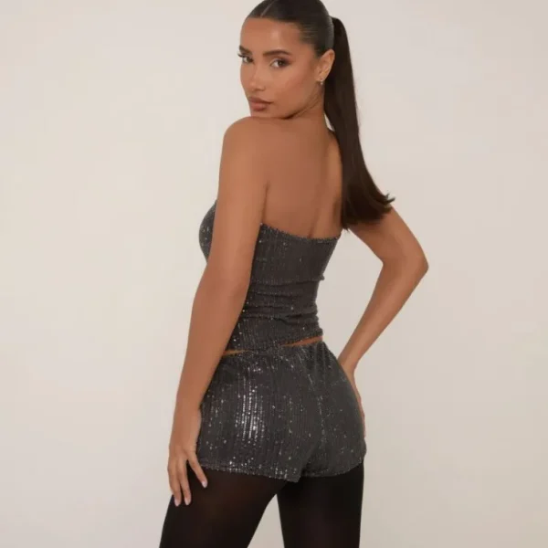 Discount Bandeau Crop Top In Black Sequin Party Outfits | Shorts Sets