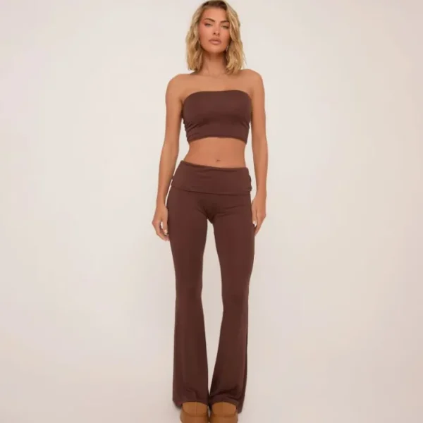 Fashion Bandeau Crop Top In Chocolate Brown Winter Outfits | Trouser Sets