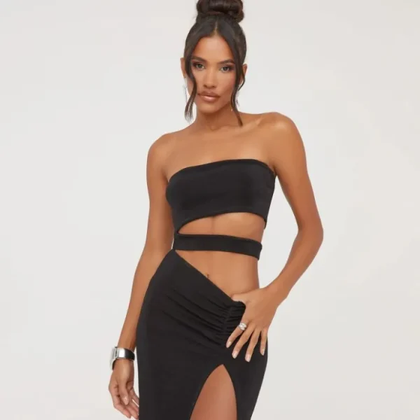 Shop Bandeau Cut Out Detail Front Split Maxi Dress In Black Winter Sun | Maxi Dresses
