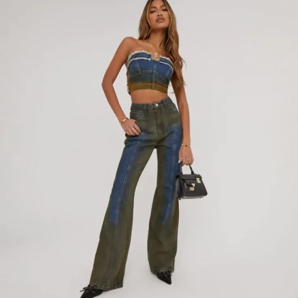 Discount Bandeau Distressed Detail Corset Top In Washed Two Tone Blue Denim Denim