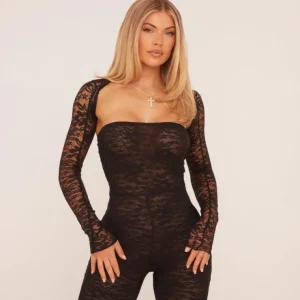 Best Sale Bandeau Fitted Jumpsuit With Bolero Sleeves In Black Lace Jumpsuits & Playsuits