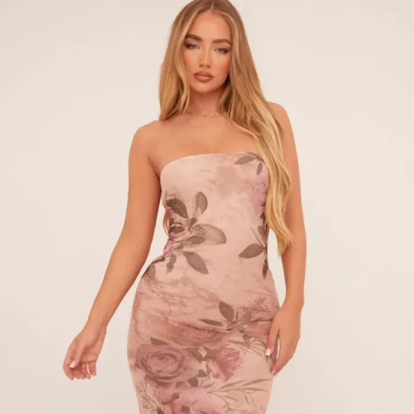 Clearance Bandeau Floral Print Maxi Dress In Pale Pink Mesh Maxi Dresses