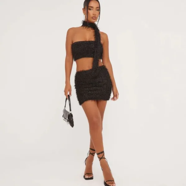 New Bandeau Fluffy Detail Crop Top With Neck Scarf In Black Crop Tops