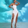Store Bandeau Frill Rose Maxi Mesh Dress In White Swimwear | Winter Sun