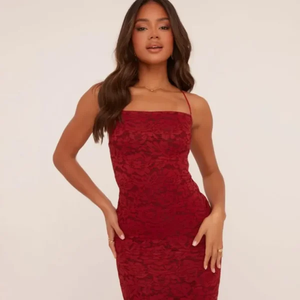 Cheap Bandeau Lace Up Back Maxi Dress In Wine Lace Dresses | Winter Going Out