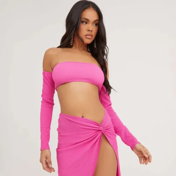 New Bandeau Long Sleeve Textured Crop Top In Pink Long Sleeve Tops | Long Sleeve Crop Tops