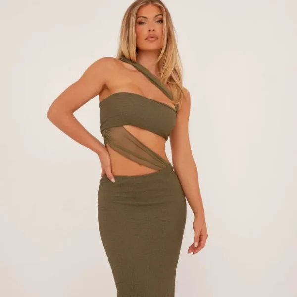 New Bandeau Mesh Strap Detail Cut Out Maxi Dress In Olive Maxi Dresses | Cut Out Dresses