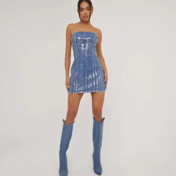 Flash Sale Bandeau Metallic Foil Detail Mini Dress In Denim Denim Dresses