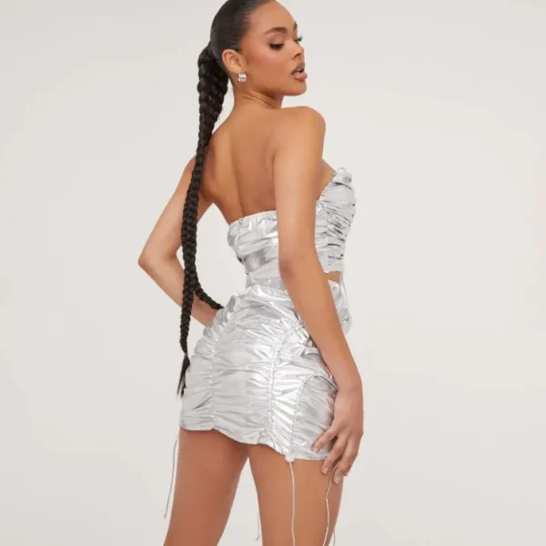 Online Bandeau Ruched Detail Toggle Parachute Crop Top In Silver Crop Tops