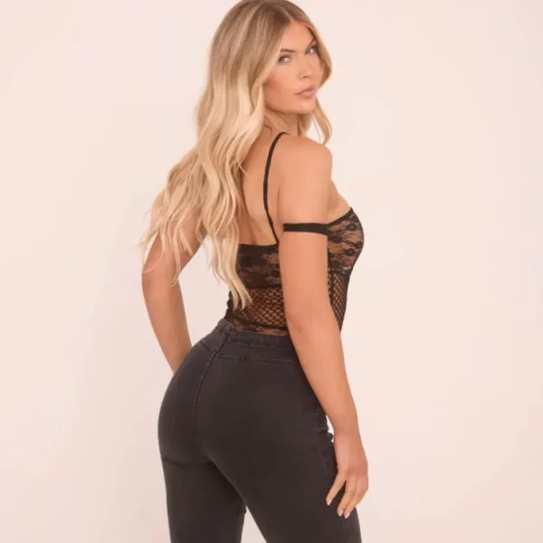 Clearance Bandeau Strappy Detail Bodysuit In Black Patchwork Lace Bodysuits