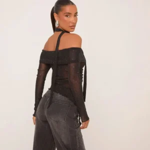 Best Sale Bardot Asymmetric Button Front Top With Neck Scarf In Black Glitter Mesh Tops