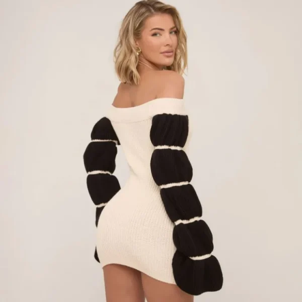 Best Sale Bardot Contrast Puff Sleeve Mini Dress In Cream Knit Knitwear | Knitwear