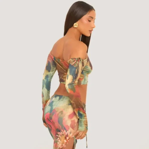 Clearance Bardot Crop Top With Lace Up Detail In Multi Floral Print Slinky Winter Sun