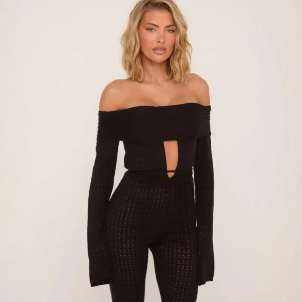 Best Sale Bardot Long Sleeve Belted Cut Out Detail Jumpsuit In Black Knit Knitwear | Knitwear