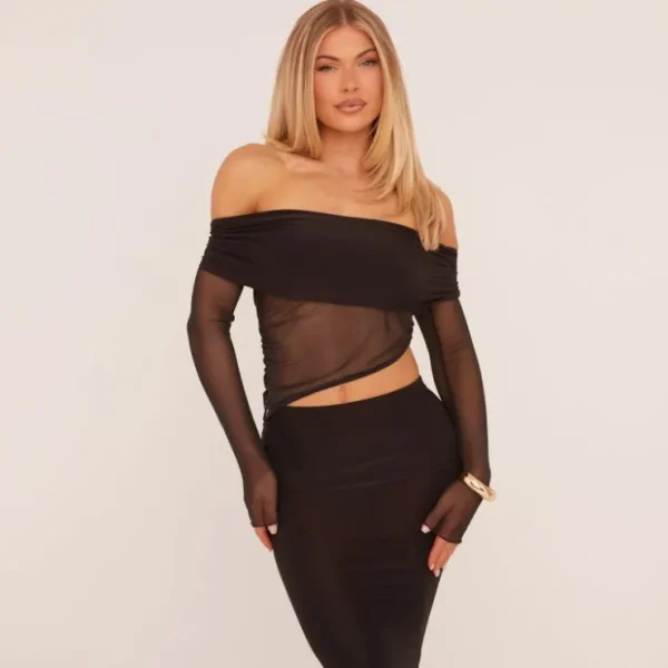 Hot Bardot Long Sleeve Cut Out Detail Maxi Dress In Black Mesh Dresses | Winter Going Out