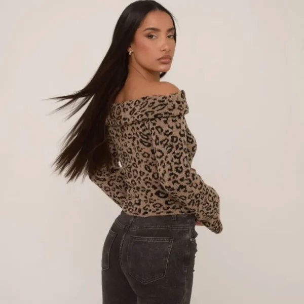 Best Sale Bardot Long Sleeve Jumper In Brown Leopard Print Boucle Knit Knitwear | Knitwear