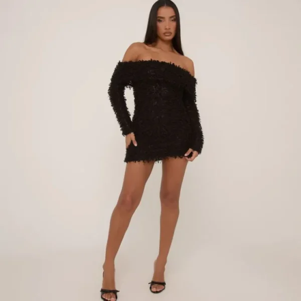 Cheap Bardot Long Sleeve Mini Dress In Black Texture Party Outfits