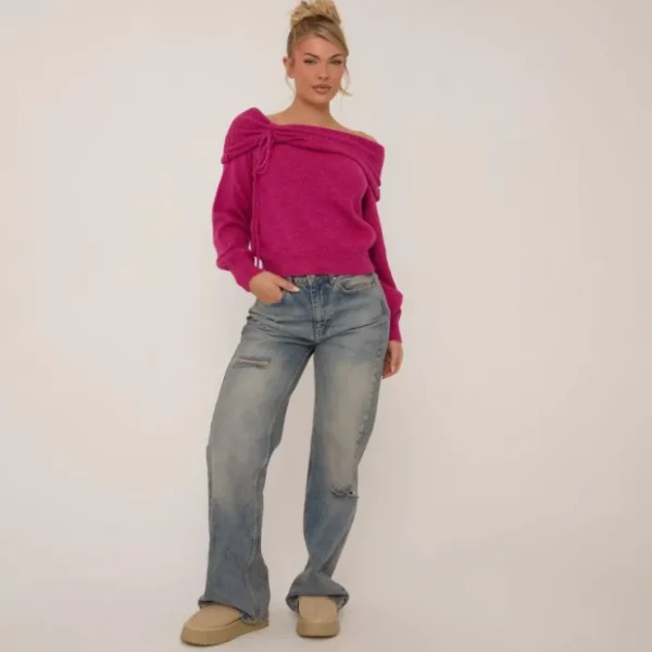 Hot Bardot Long Sleeve Ruched Detail Oversized Top In Knit Knitwear | Knitwear