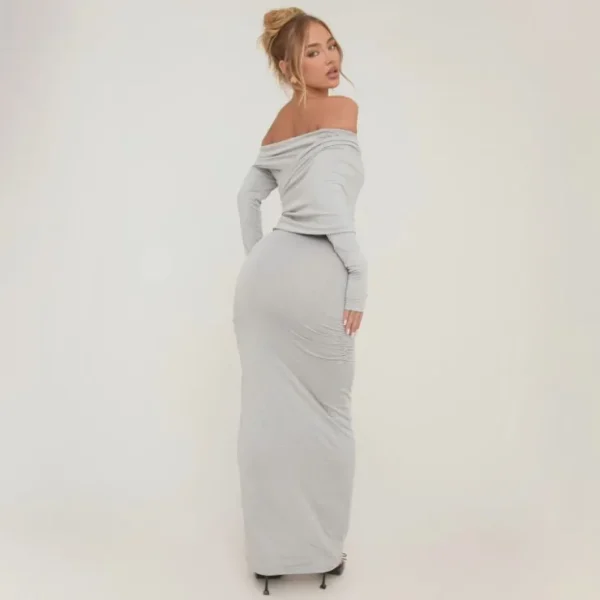 Best Bardot Ruched Maxi Bodycon Dress In Grey Winter Dresses | Maxi Dresses