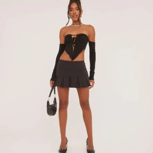 Cheap Bardot Tie Front Split Hem Crop Top In Black Slinky Crop Tops