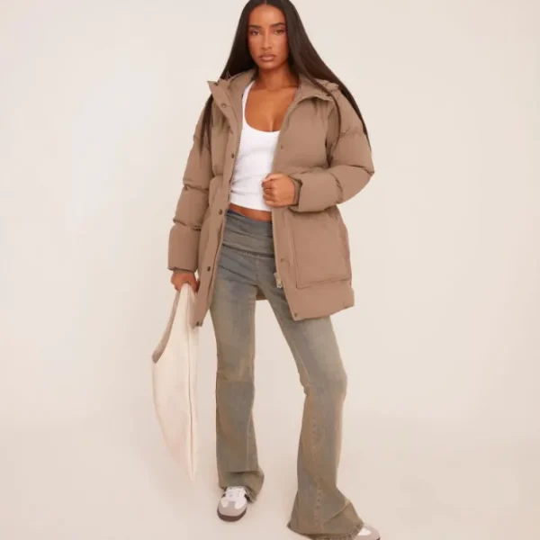 Cheap Belted Waist Puffer Coat In Khaki Green Coats & Jackets