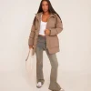 Cheap Belted Waist Puffer Coat In Khaki Green Coats & Jackets