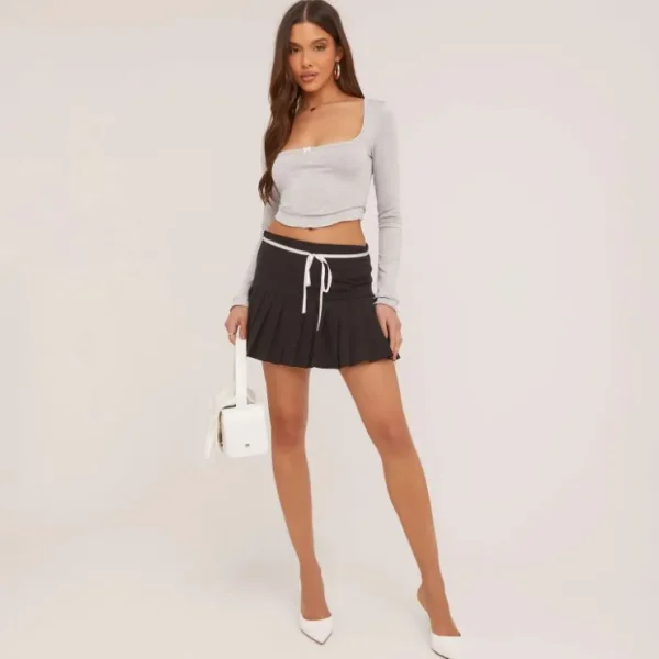 Online Bow Detail Long Sleeve Crop Top And Low Rise Pleated Mini Skirt Co-Ord Set In Black And Grey Long Sleeve Tops