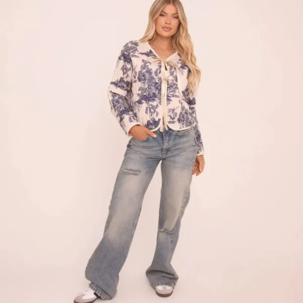 Fashion Bow Tie Front Quilted Jacket In Blue Print Coats & Jackets