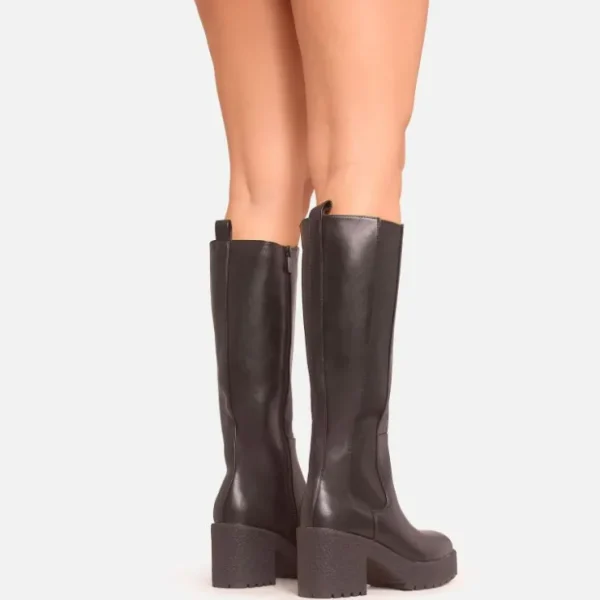 New Briar Side Panel Detail Block Heel Knee High Long Boot In Faux Leather Winter Boots | Biker Boots