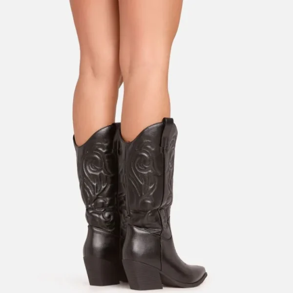 Store Bryson Embroidered Detail Pointed Toe Mid Calf Western Cowboy Boot In Faux Leather BOY Ankle Boots | Biker Boots