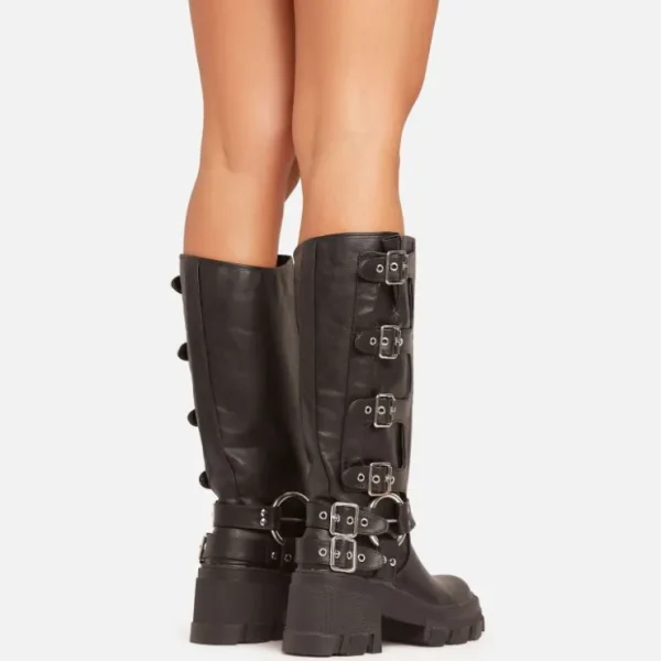 Best Sale Buckle-Up-Now Side Buckle Detail Chunky Sole Mid Calf Biker Boot In Faux Leather Winter Boots | Biker Boots