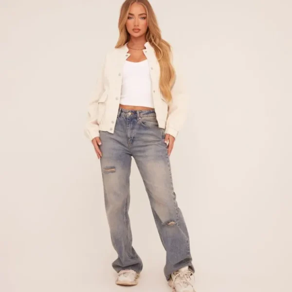 Shop Button Front Bomber Jacket In Stone Linen Coats & Jackets | Bomber Jackets