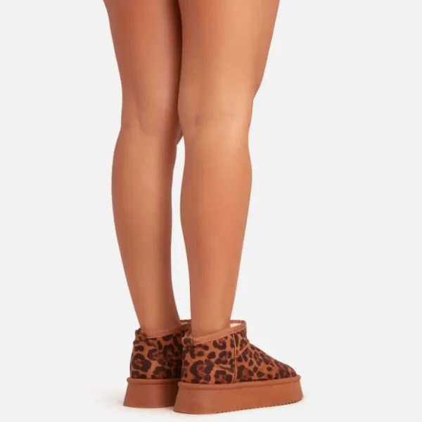 Fashion Cali Platform Sole Faux Fur Lining Ankle Boot In Leopard Print Faux Suede Winter Boots | Ankle Boots