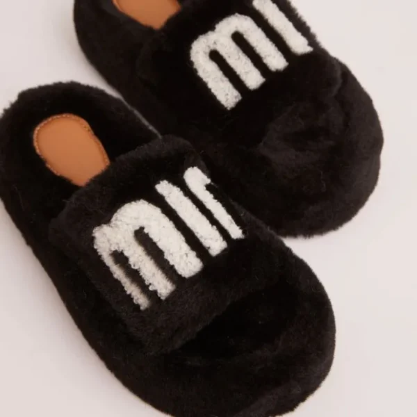 Shop Chick Logo Detail Flat Slipper In Faux Fur Slippers | Slippers